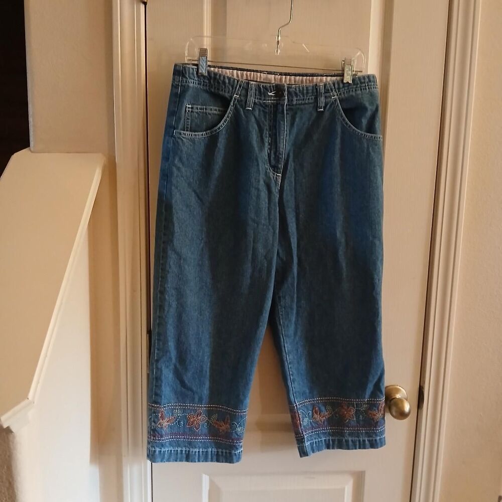 Y2K 90s Vintage Butterfly & Floral Embroidered Cuffs Denim Blue Capri Jeans 12